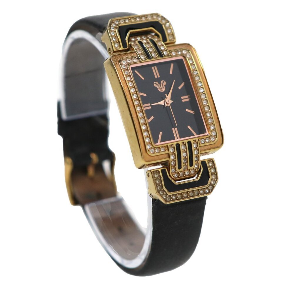 Disney Parks Mickey Mouse Analog Watch Art Deco Gold Black Leather Rhinestones